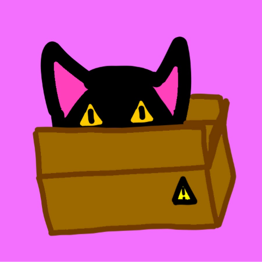 Cattodoameow profile pic : a black cartoon cat in a light brown box with yellow, triangular eyes